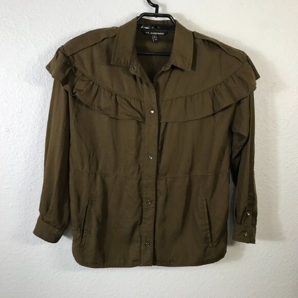 Zara Jackets & Blazers - ZARA TRF OUTERWEAR Shacket Shirt Jacket Ruffle Olive Green Sz M